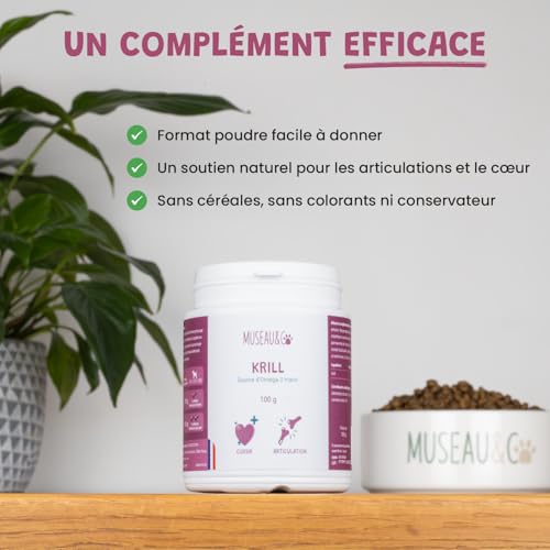Museau & Co Krill en Poudre pour Chien et Chat - Complément Alimentaire Riche en Oméga 3 et 6 - Beauté du Pelage et des 